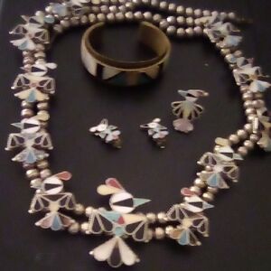 Zuni squash Blossom,earrings ring bracelet Vintage Necklace married Set